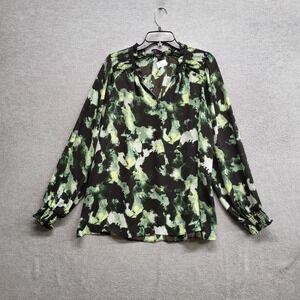 Simply Vera Women Top XL Green Ruch Sleeve Peasant Sheer V Neck Raglan Pullover